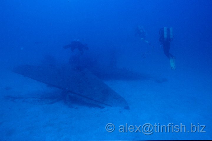 Helldiver Seabed 1.jpg - Upside down Helldiver - on the seabed at 55m towards the bow of Saratoga